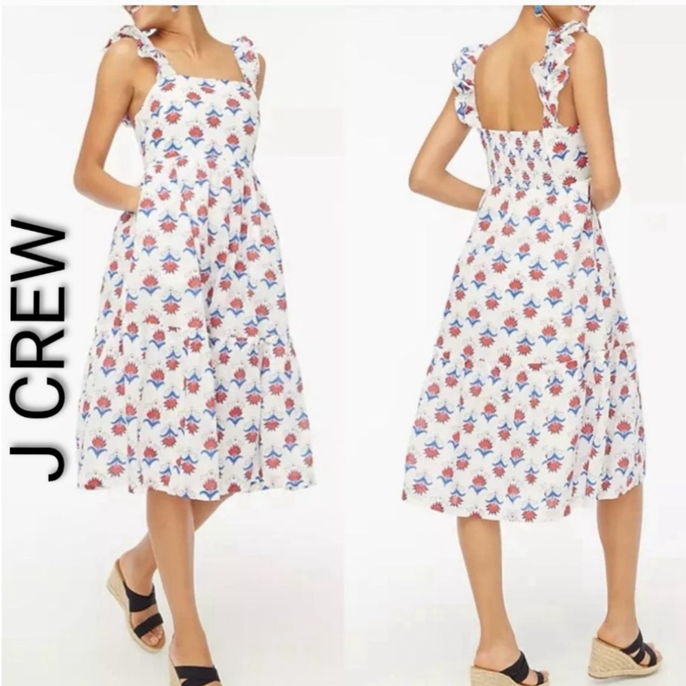 J Crew Tiered 100% cotton Dress Ruffle shoulder floral smocked back plus size 14